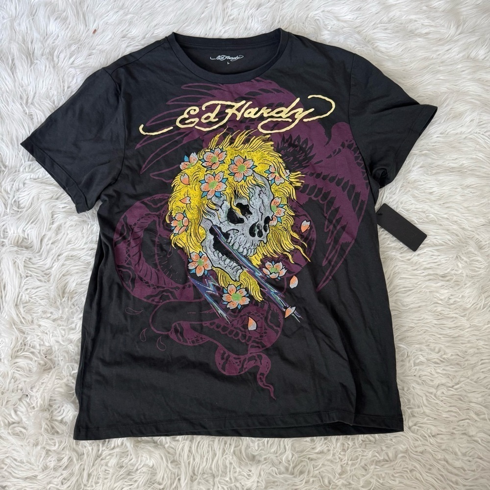 NWT ED HARDY Men's T-Shirt Graphic Yellow Haired Skull Head Gray Size Large
